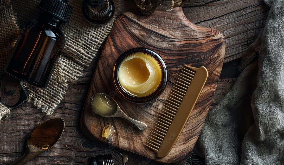 Drewniany grzebień, leży obok pojemnika z woskiem i łyżeczki. Obok leży szklana buteleczka