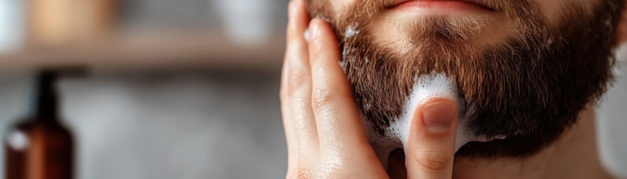 Zbliżenie na męską brodę. Mężczyzna myje brodę szamponem