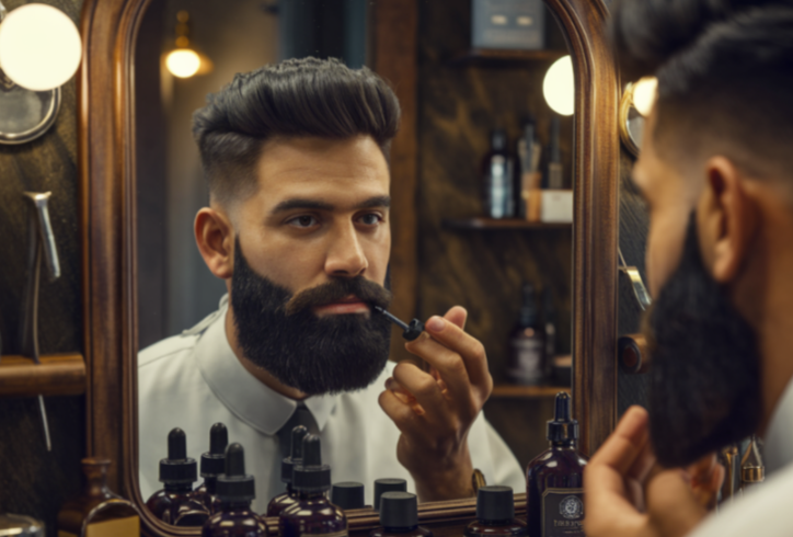 Brodaty mężczyzna, nakładający na brodę olejek. Patrzy w lustro