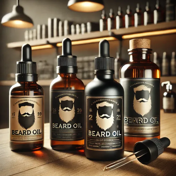 4 buteleczki olejku do brody stojące na drewnianym blacie. W tle półki z olejkami i kosmetykami