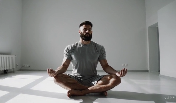 Brodaty mężczyzna siedzący po turecku na środku pustego pokoju - medytuje
